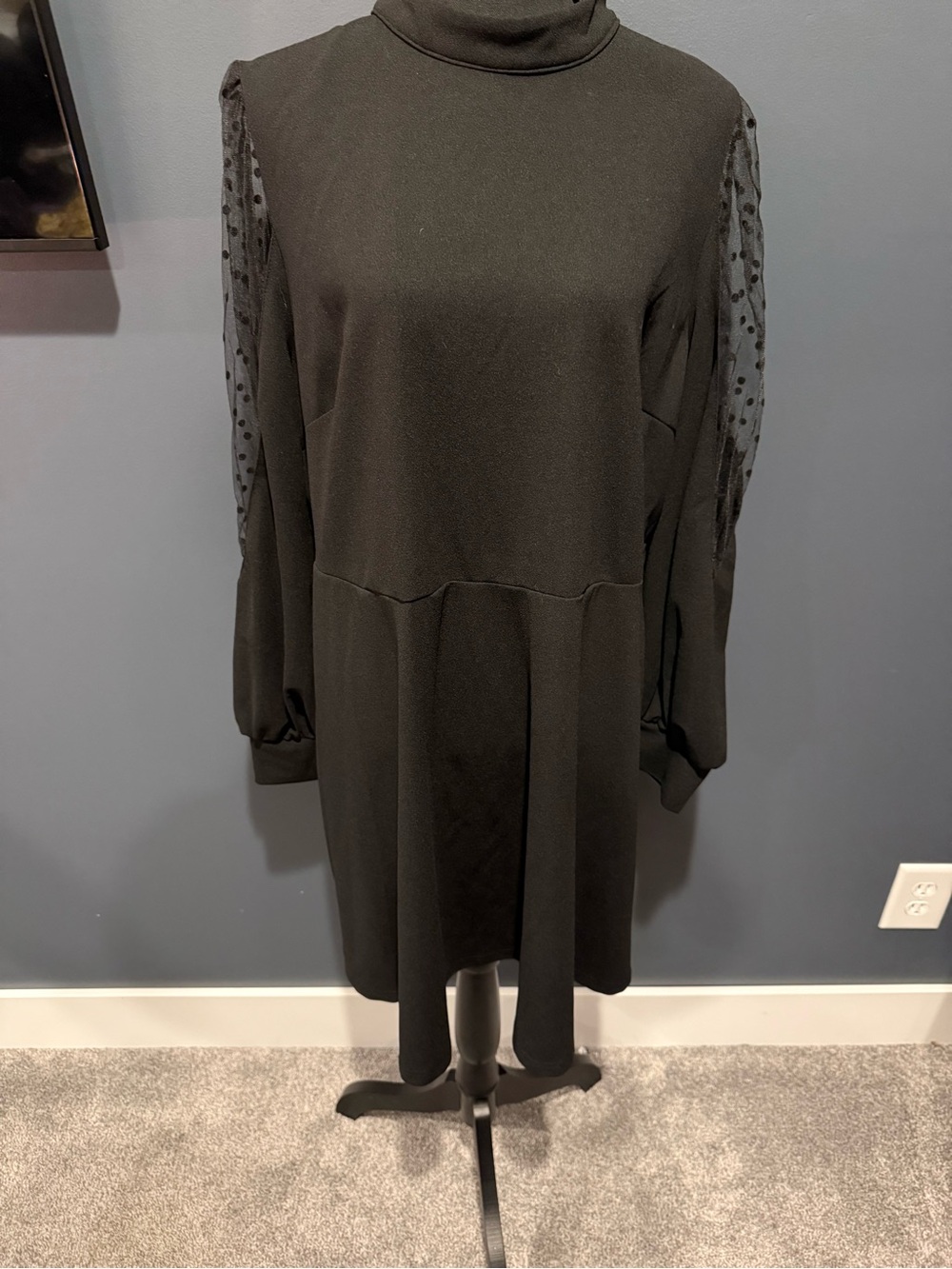 SHEIN Black Turtleneck Long Sleeve Dress with Sheer Polka Dot Sleeves